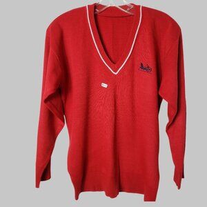 Kyungid Vtg Men Sweater Red W/Wht  Trim & Embroidered Horse Carriage Logo Medium